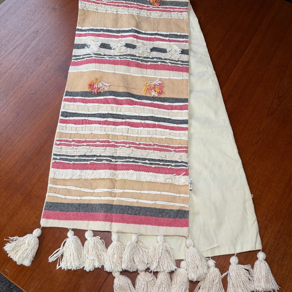 Pier 1 Imports Boho Striped Tassel Table Runner Red Tan Grey Tufted Fringe Boho